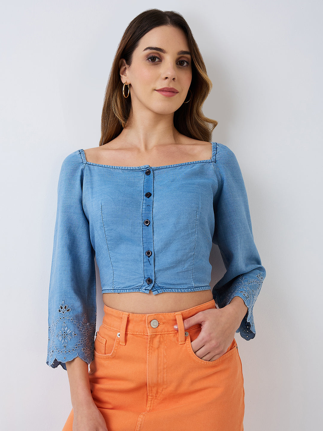 Blue Denim Schiffli Crop Top