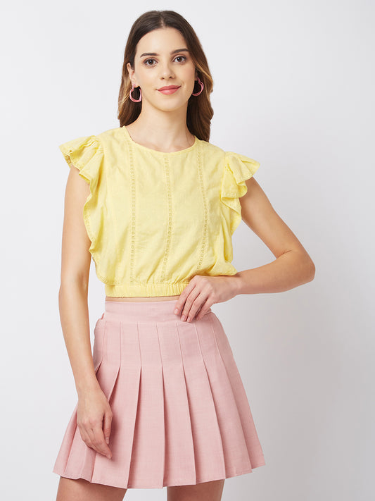 Women Yellow Cotton Schiffli Ruffle Crop Top