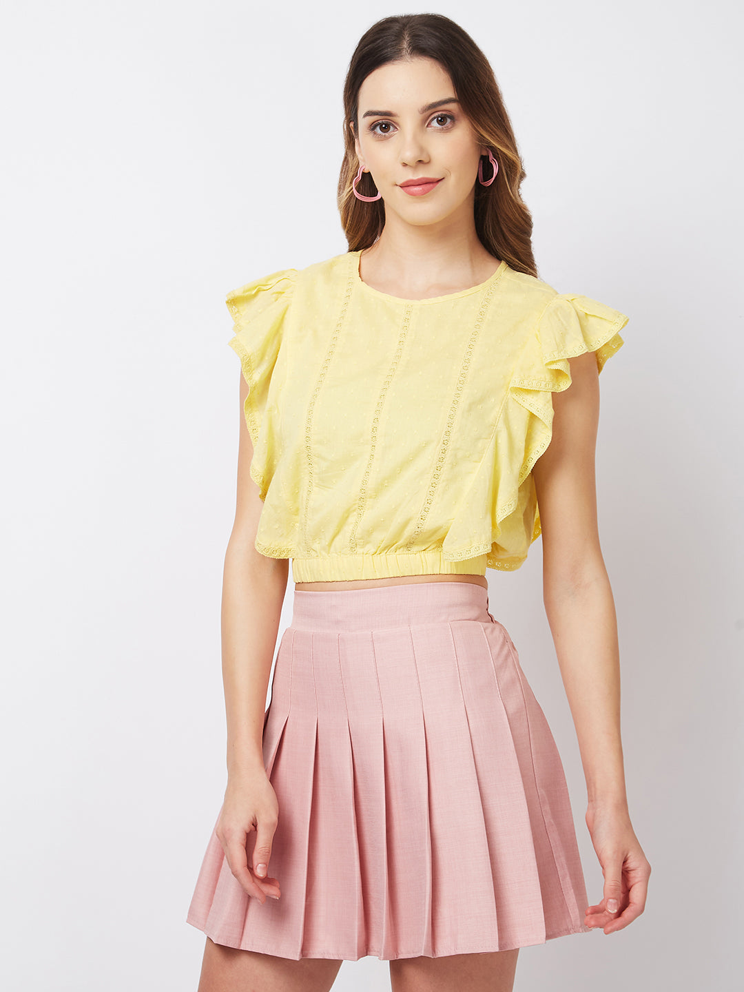 Women Yellow Cotton Schiffli Ruffle Crop Top