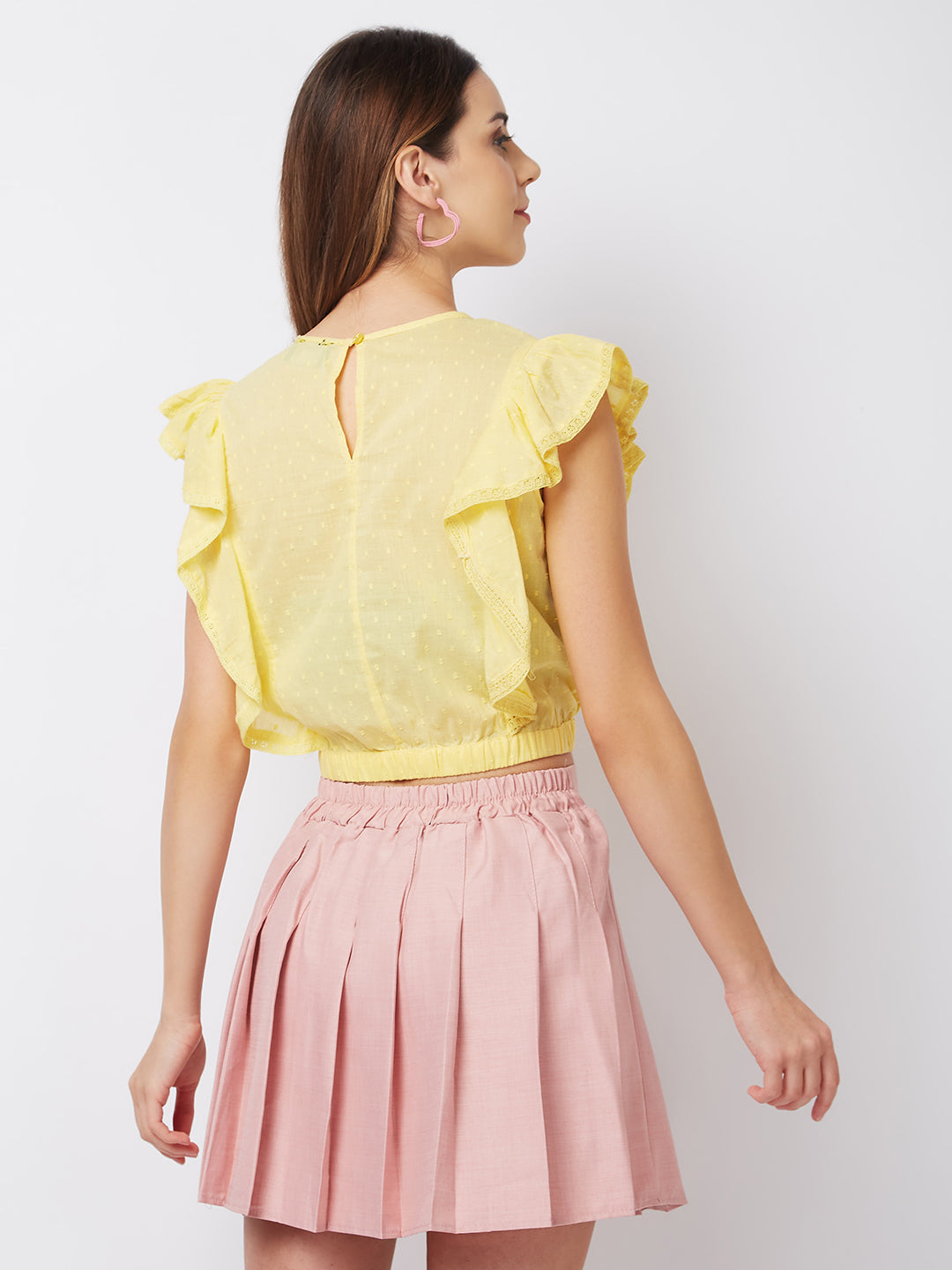 Women Yellow Cotton Schiffli Ruffle Crop Top