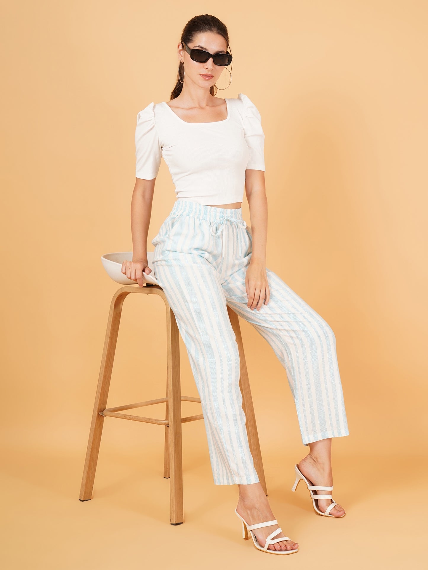 Women Sky Blue & White Stripe Regular Fit Pyjama