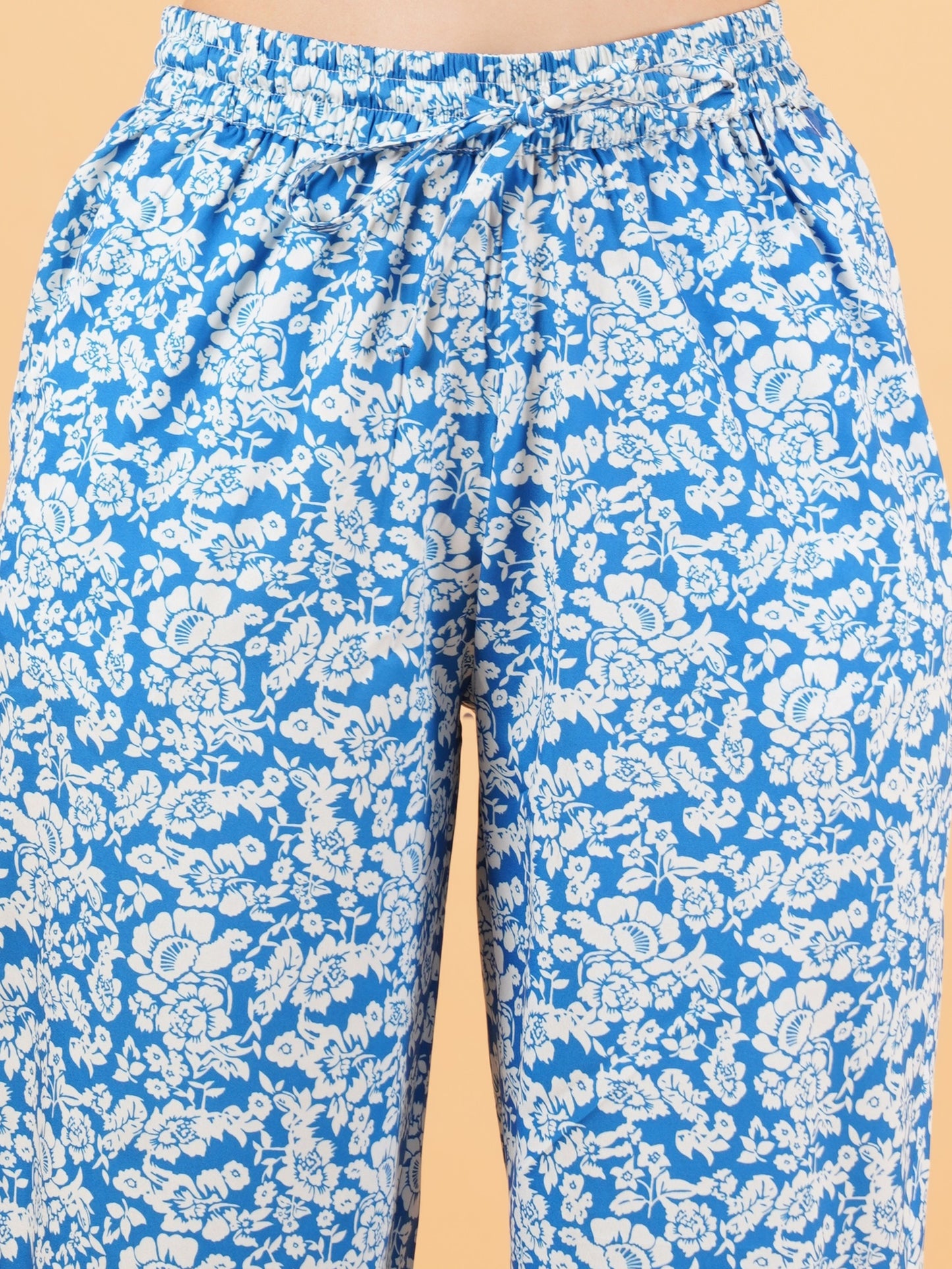 Women Turquoise Blue & White Floral Print Regular Fit Pyjama