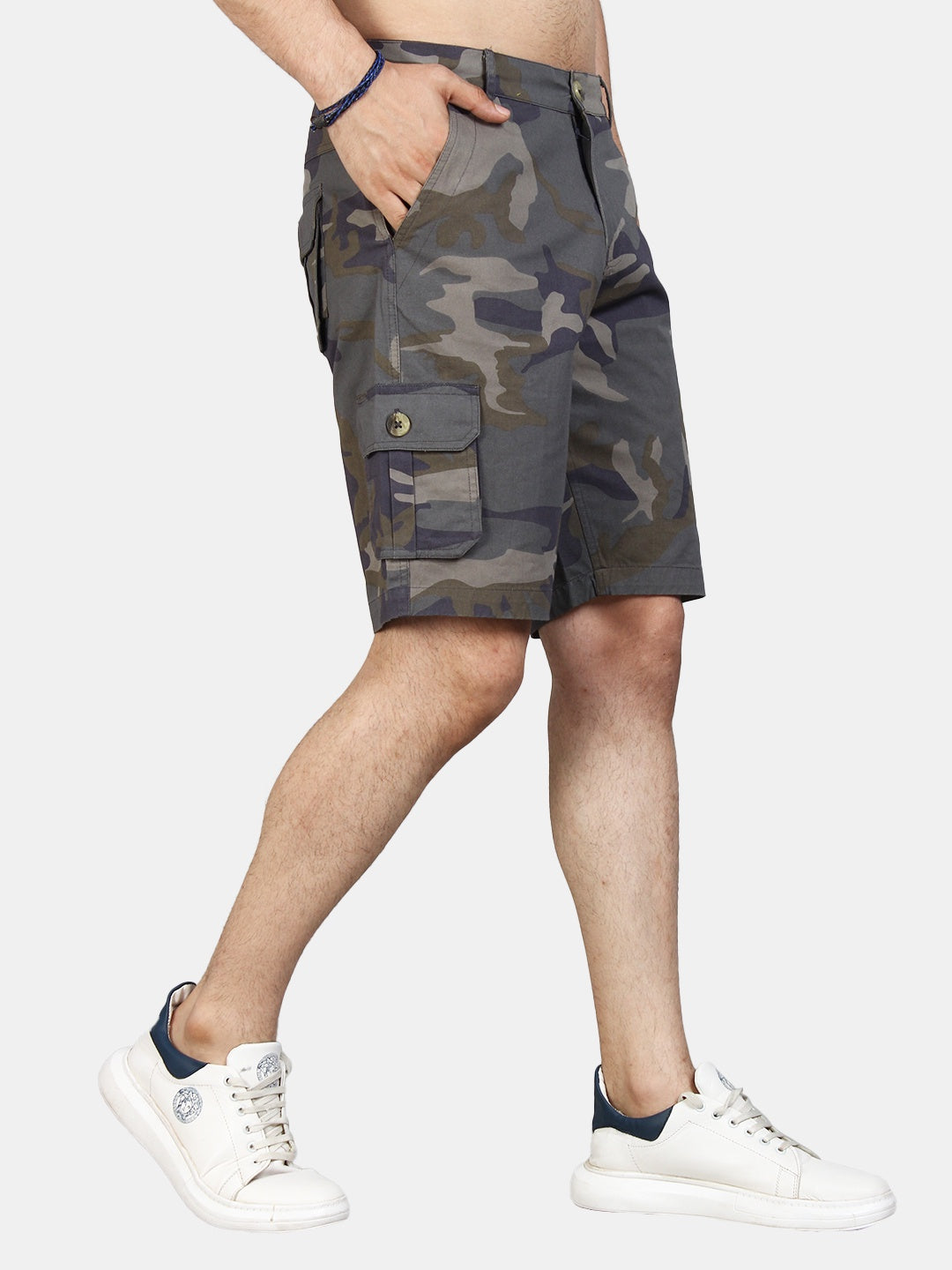 9 Impression Men Green Camouflage Printed Regular Fit Organic Cotton Cargo Shorts