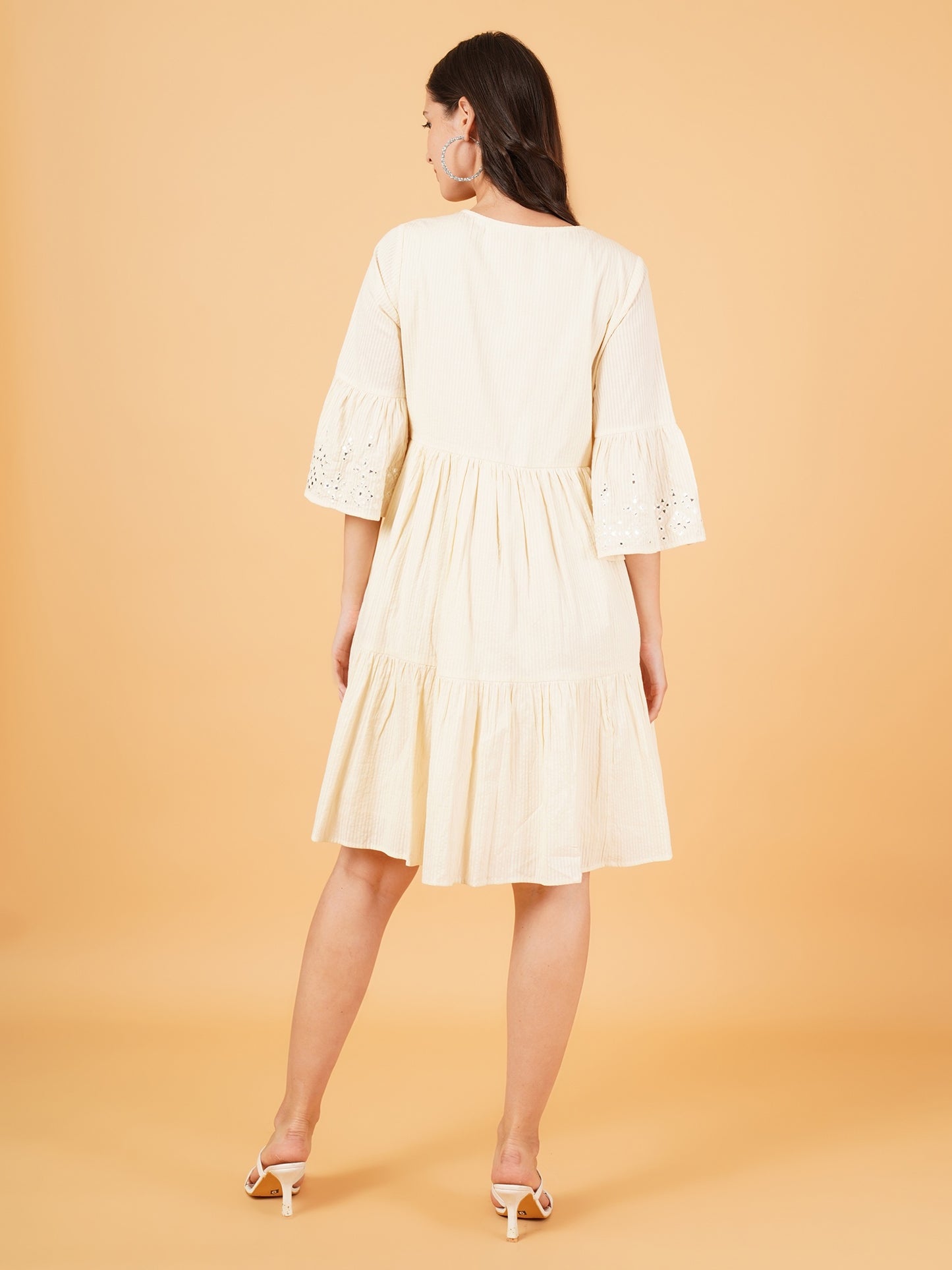 Women Off White Embroidered Frill Sleeves A-Line Dress