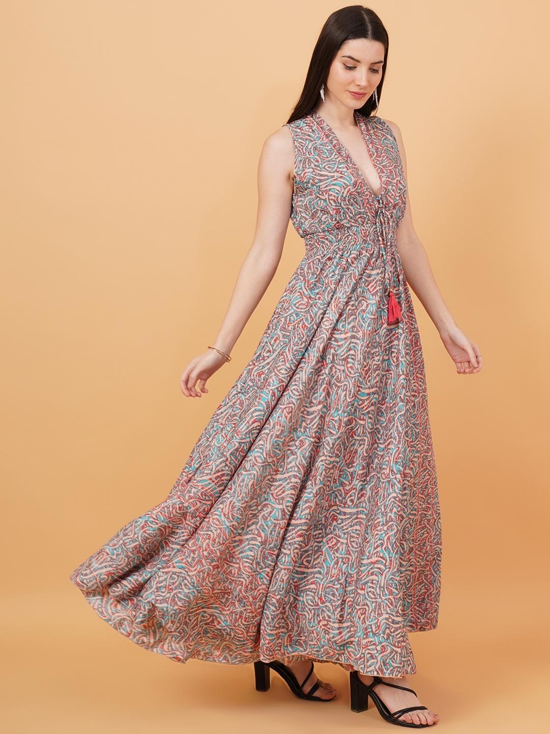 Women Pink & Terquoise Blue Printed Fit & Flare Dress