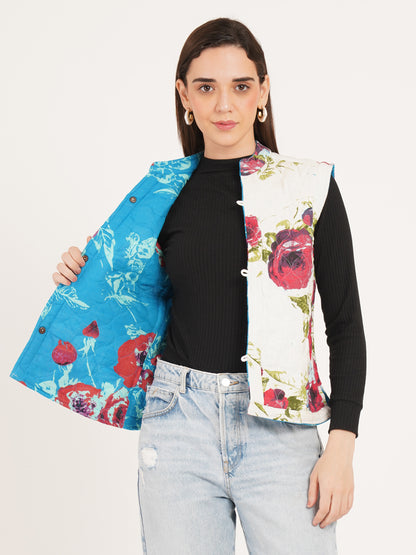 Women Floral Printed Quilted Reversible Jacket