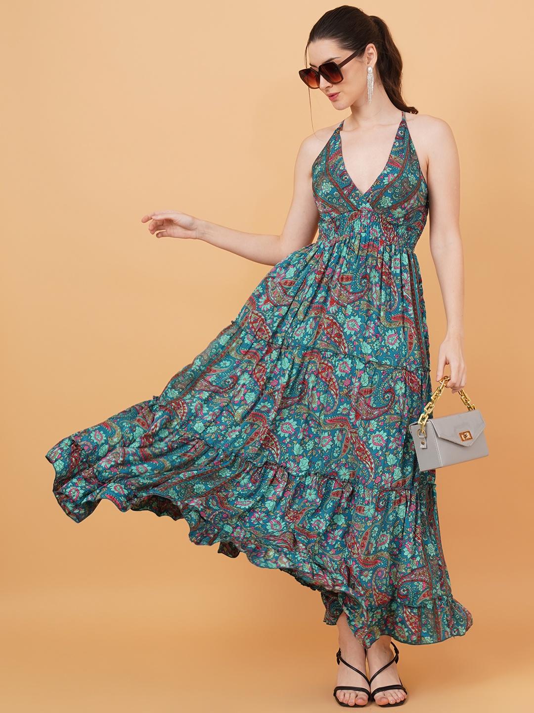 Women Green & Pink Leaf Print Fit & Flare Dress