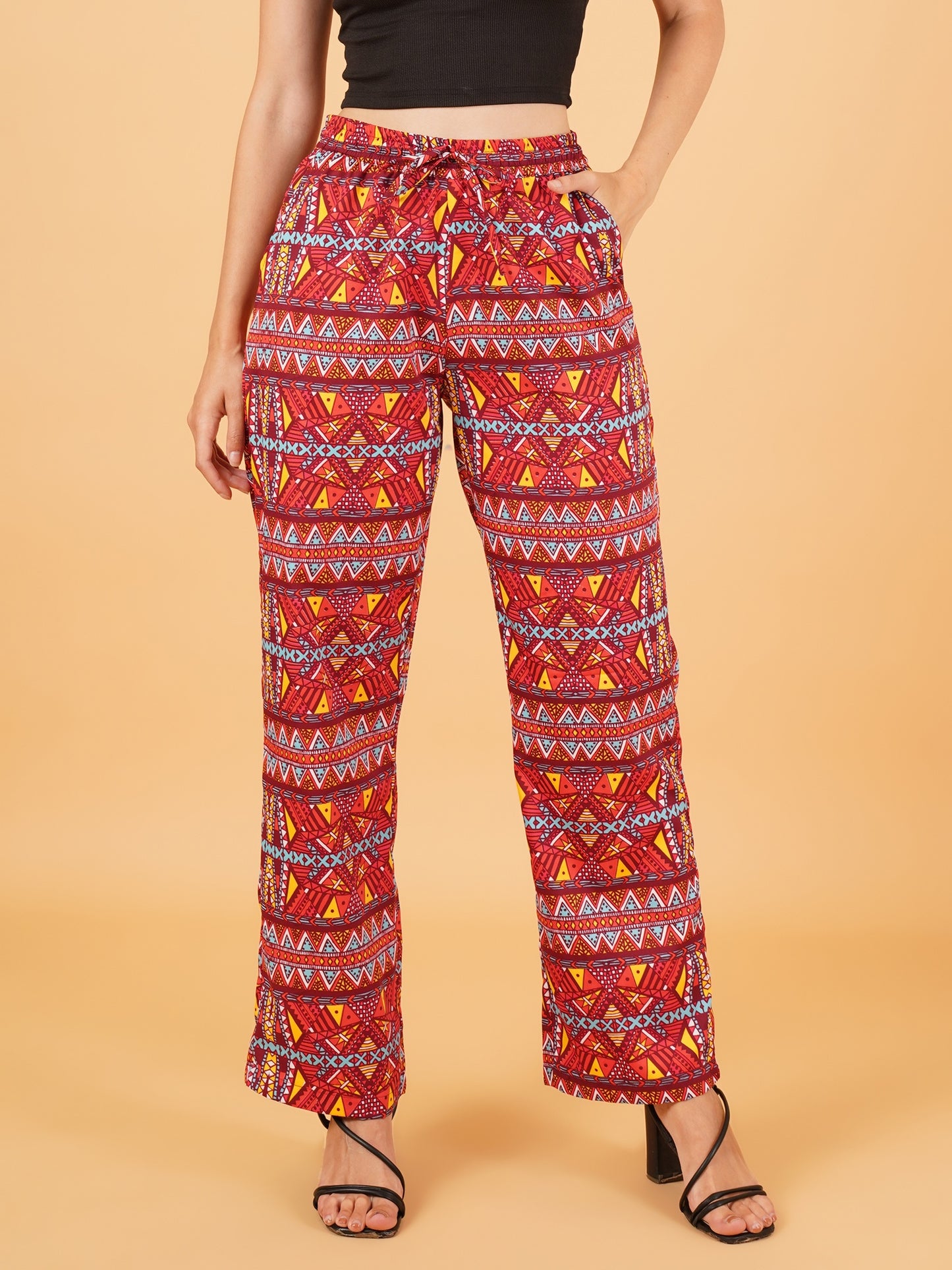 Women Maroon & Yellow Geometric Print Regular Fit Pyjama