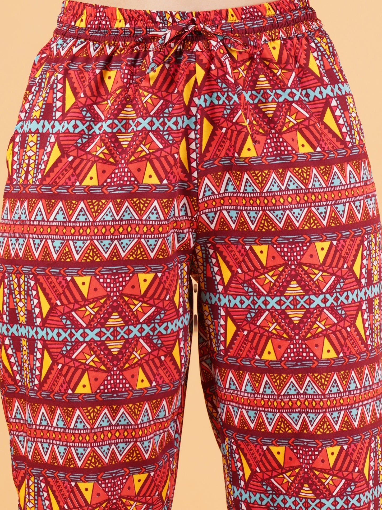 Women Maroon & Yellow Geometric Print Regular Fit Pyjama