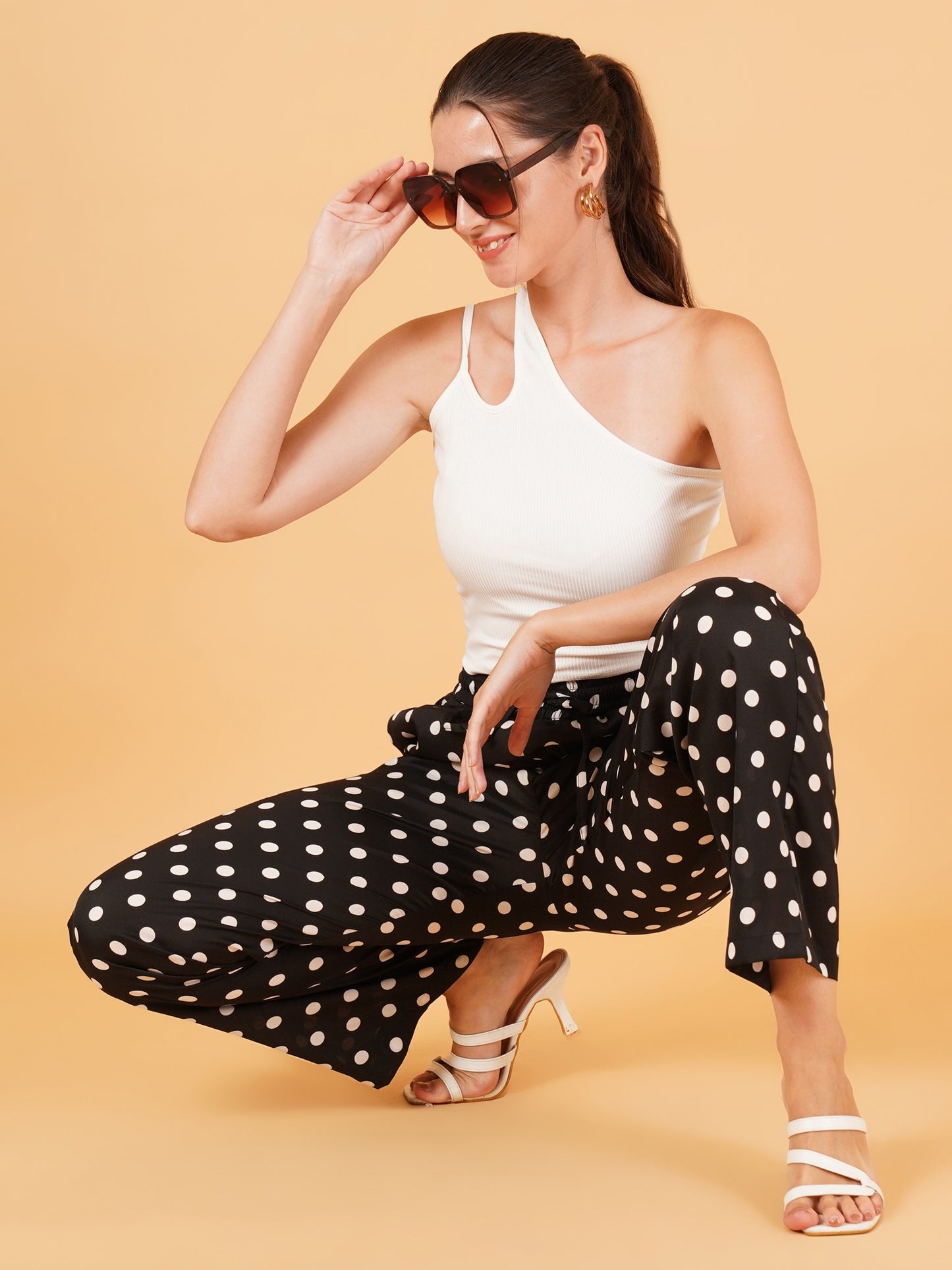 Women Black & White Polka Dot Print Regular Fit Pyjama