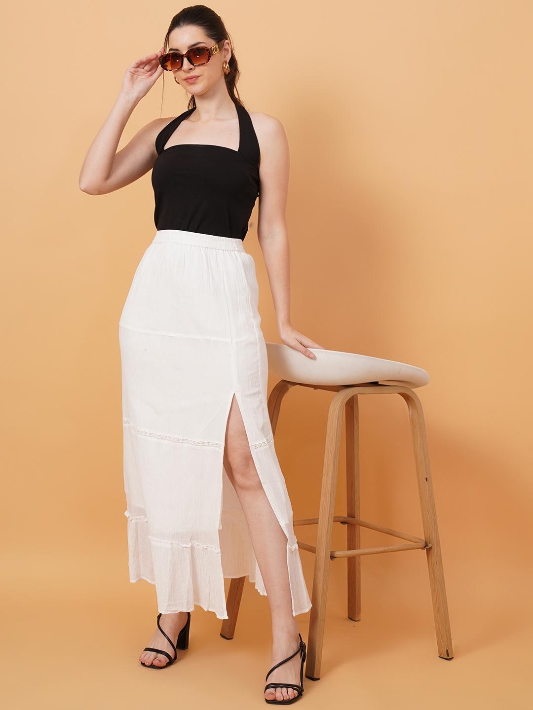 Women White Schiffli Midi Skirt