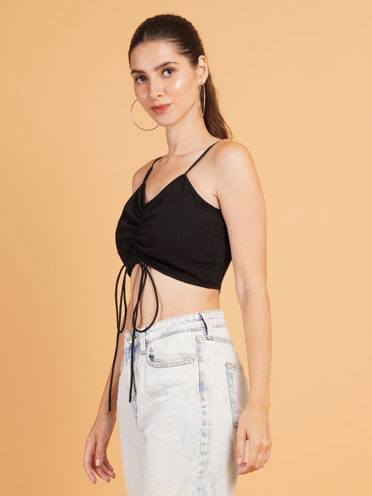 Women Black Solid Drawstring Shoulder Strap Smocked Crop Top