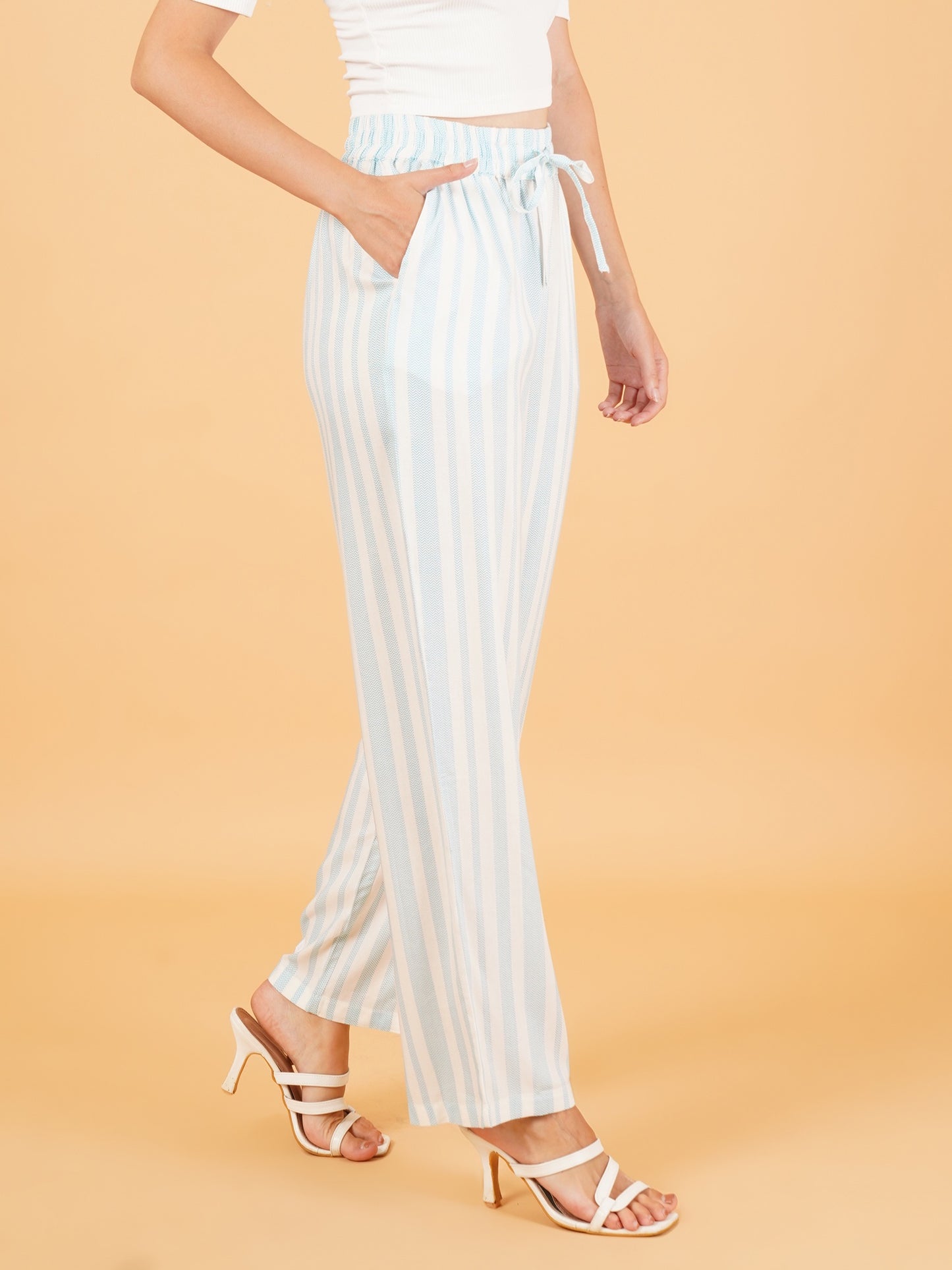 Women Sky Blue & White Stripe Regular Fit Pyjama