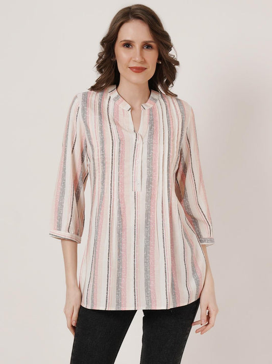 Women White & Pink Striped Mandarin Collar Pleated Kurti