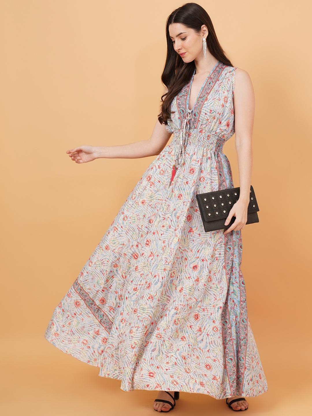 Women Sky Blue & Pink Floral PrintFit & Flare Dress