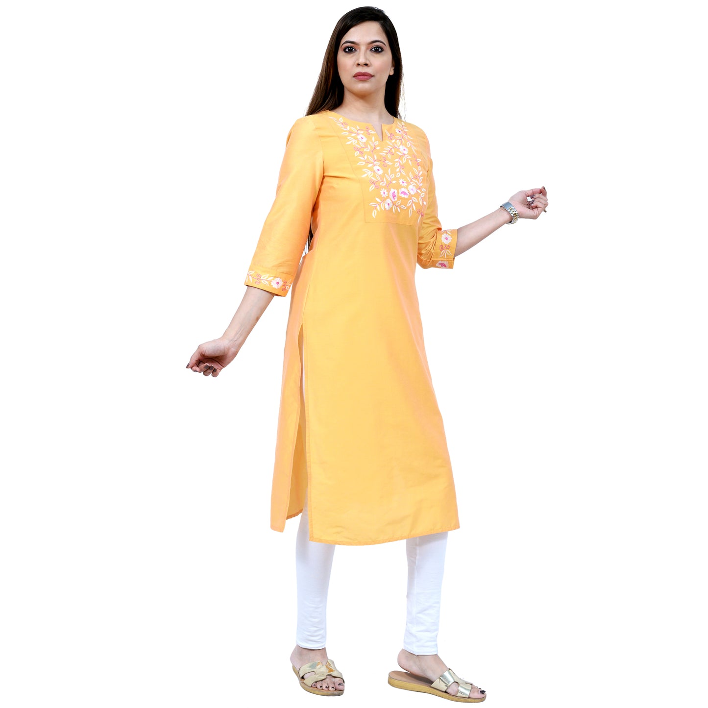 9 Impression Woman Yellow Silk Embroidered Kurta