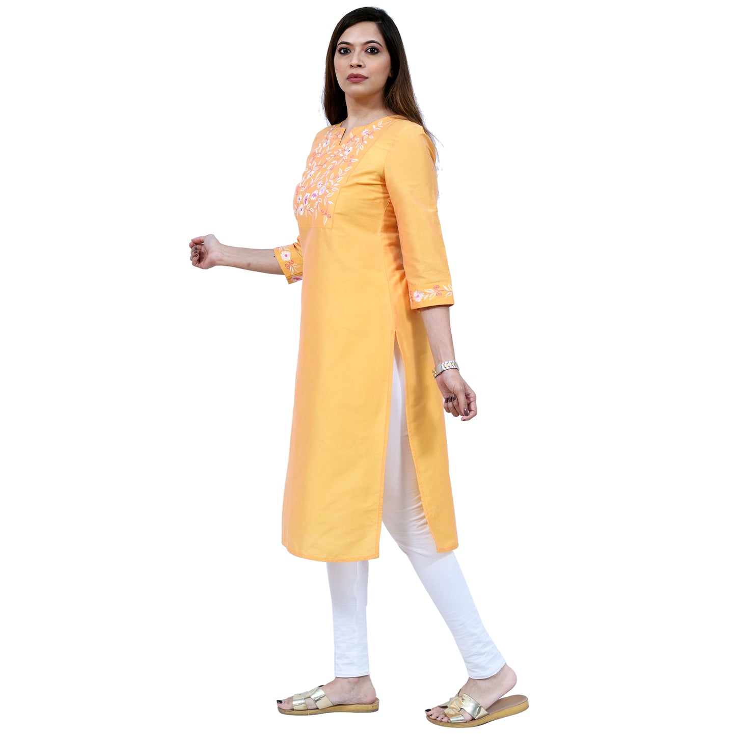 9 Impression Woman Yellow Silk Embroidered Kurta