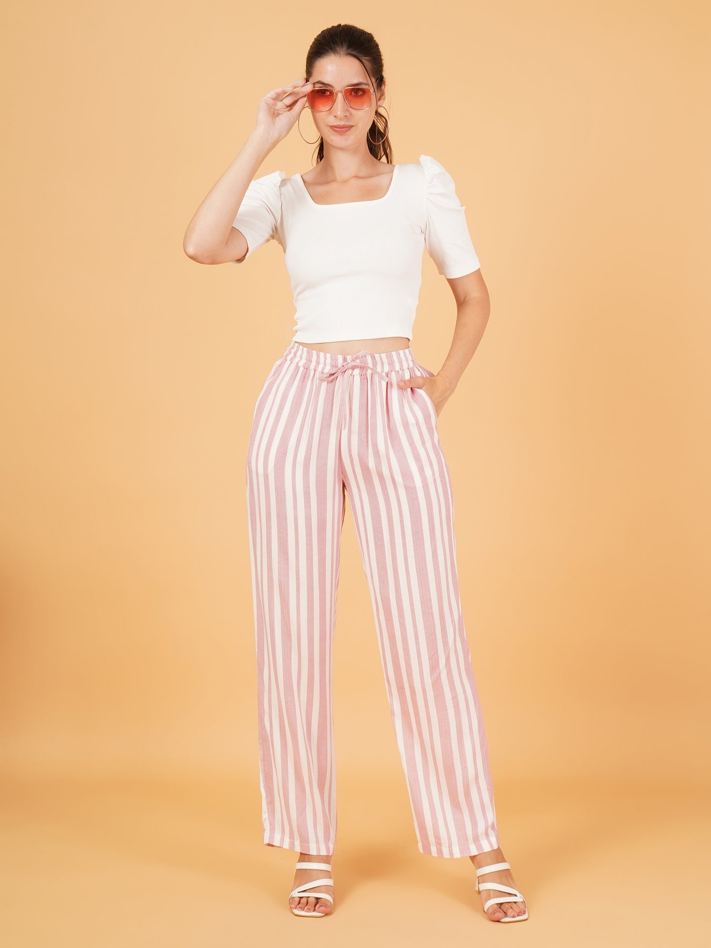 Women Pink & White Stripe Regular Fit Pyjama