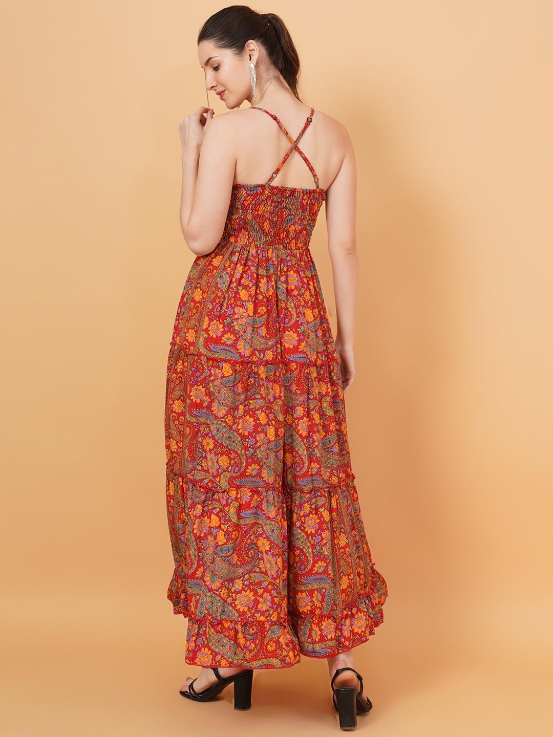 Women Red & Orange Paisley Print Fit & Flare Dress