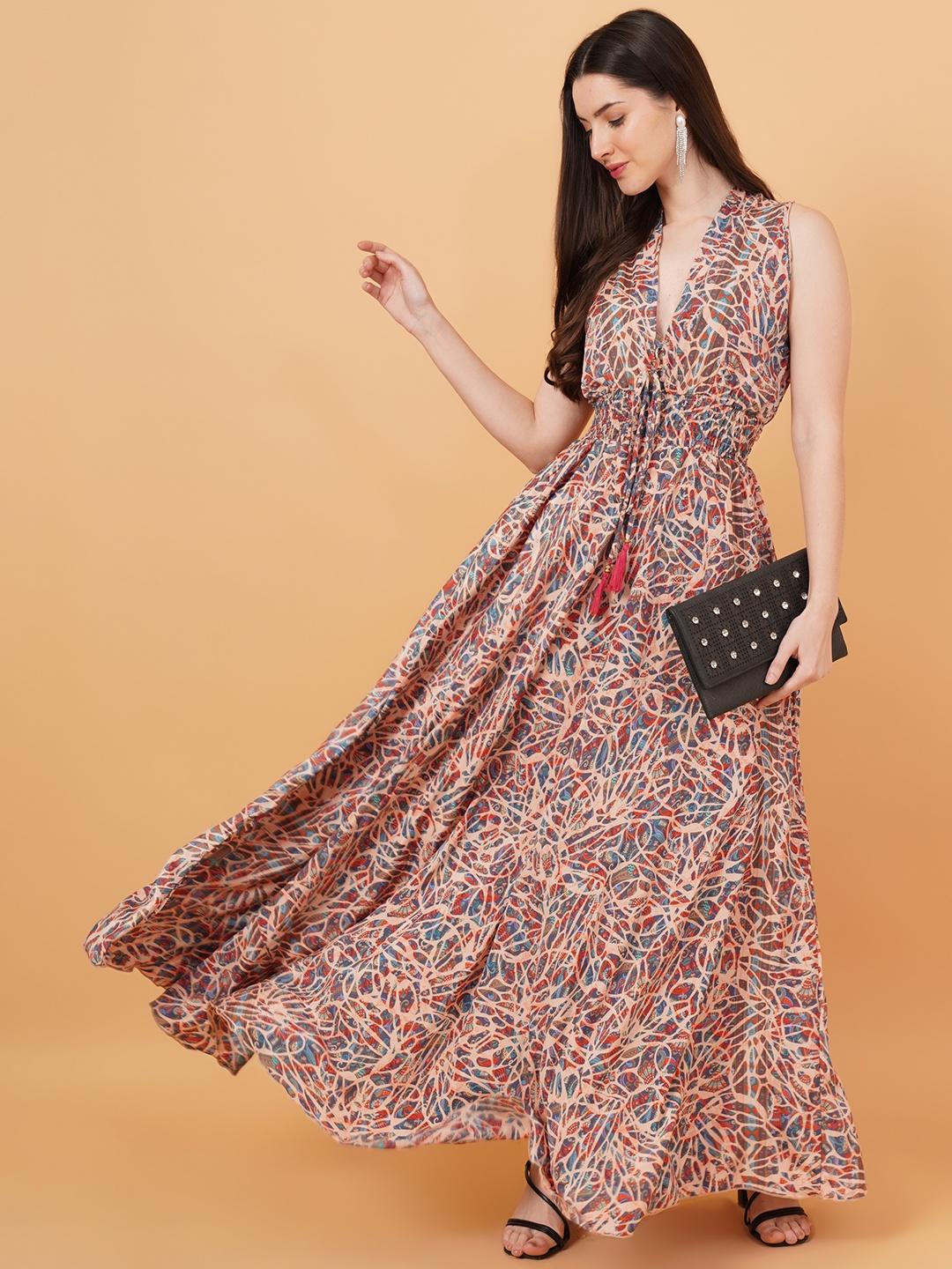 Women Orange & Grey Printed Fit & Flare Dress