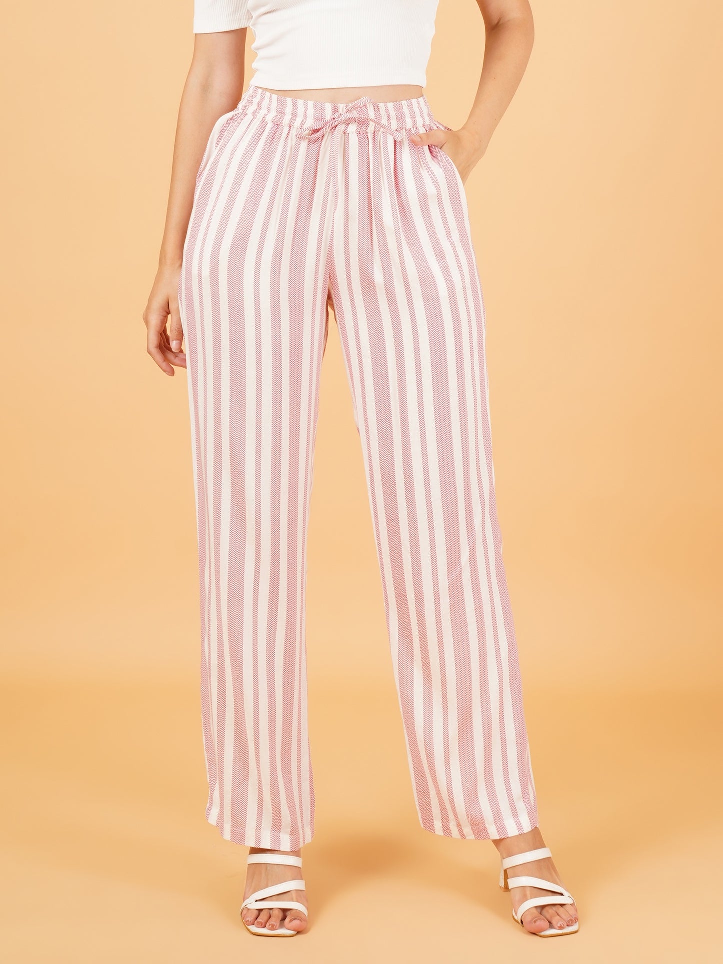 Women Pink & White Stripe Regular Fit Pyjama