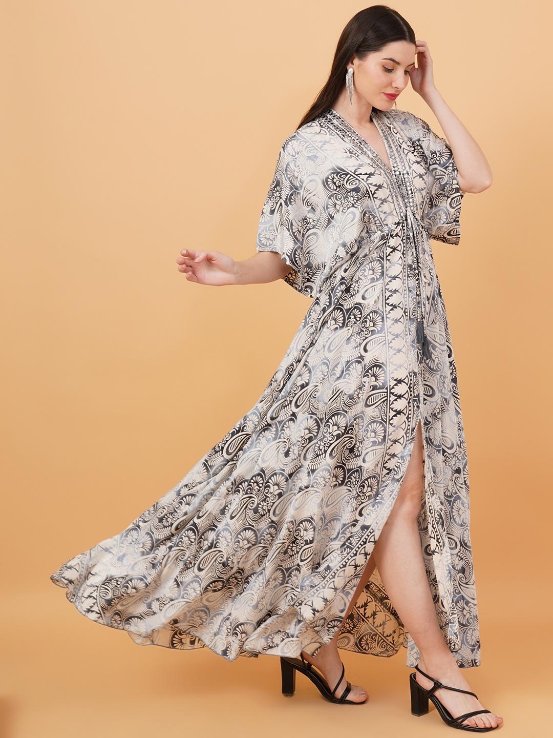 Women Grey & Crème Printed Fit & Flare Dress