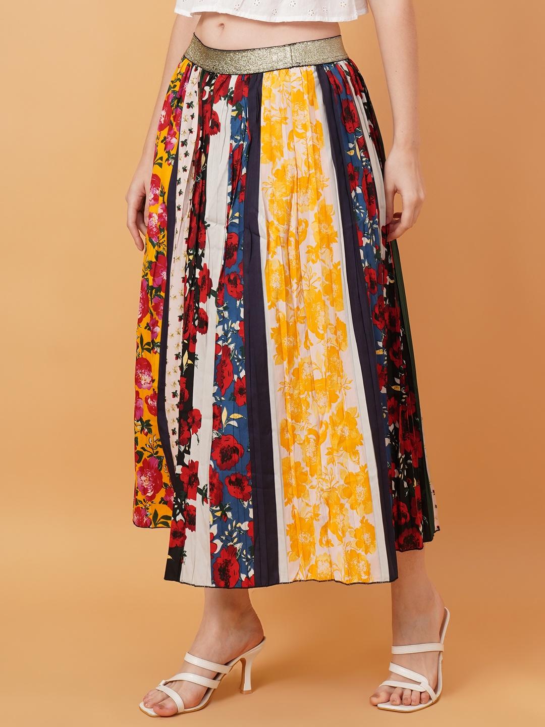 Women Red & Yellow Floral Print Pleated Midi Skirt