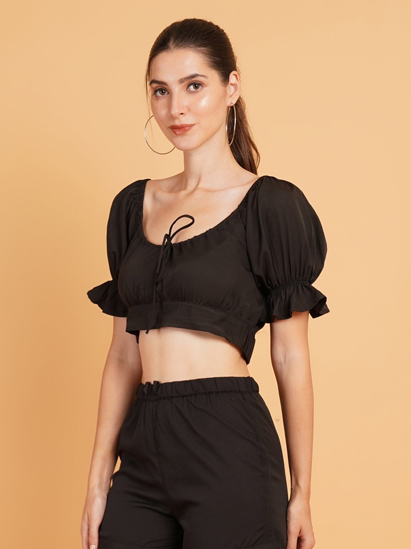 Women Black Drawstring Puff Sleeves Crop Top