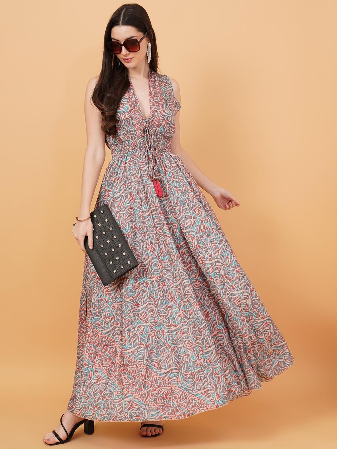 Women Pink & Terquoise Blue Printed Fit & Flare Dress