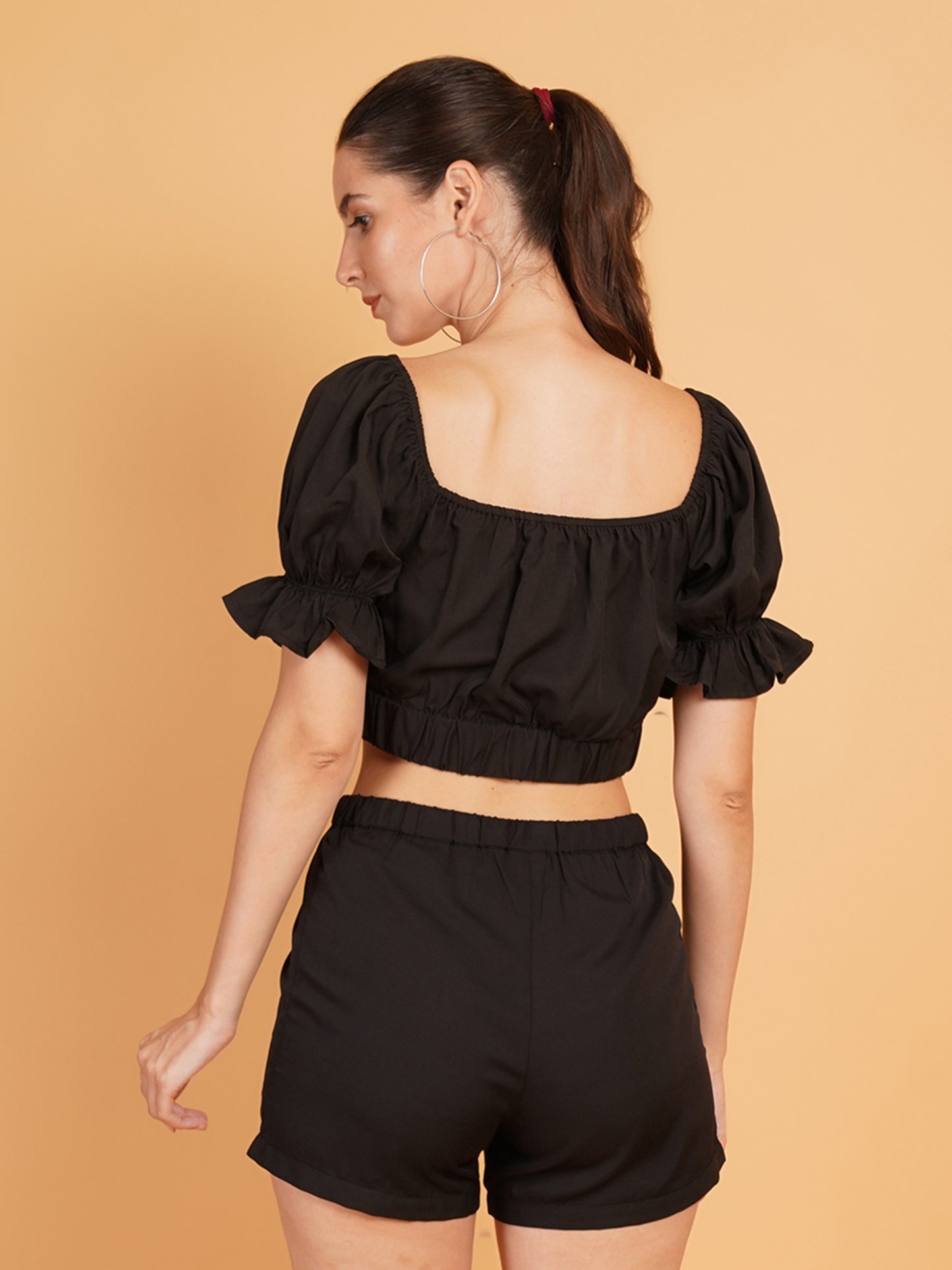 Women Black Drawstring Puff Sleeves Crop Top