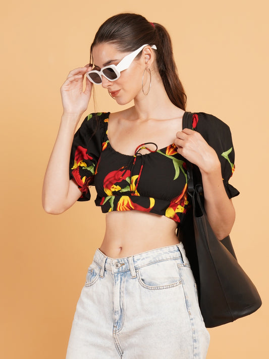 Women Black & Red Floral Print Drawstring Puff Sleeves Crop Top