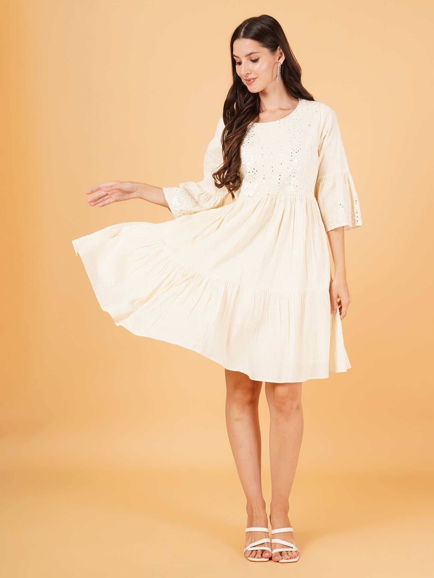 Women Off White Embroidered Frill Sleeves A-Line Dress