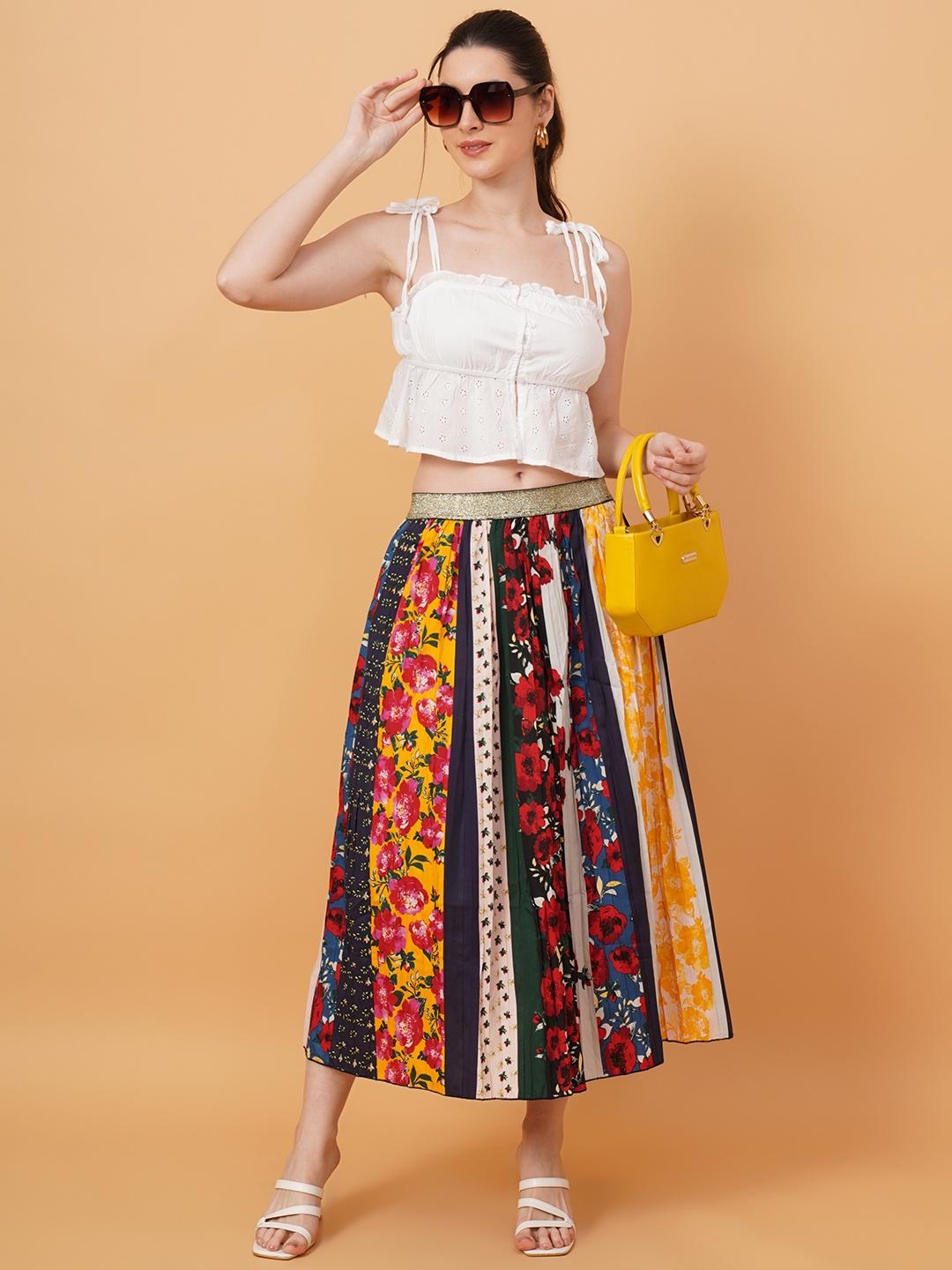 Women Red & Yellow Floral Print Pleated Midi Skirt