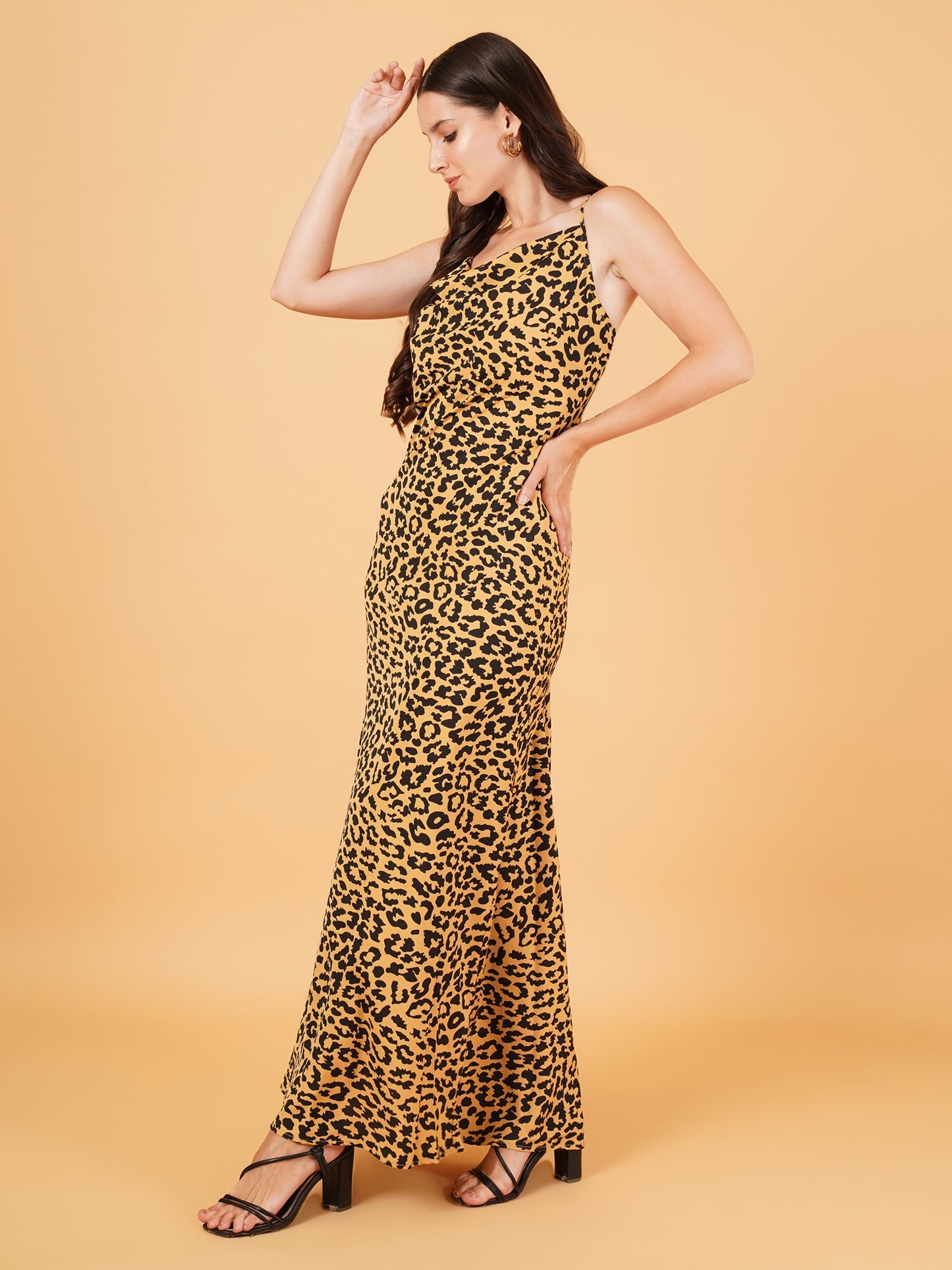 Women Black & White Leopard Print Shoulder Strap Maxi Dress