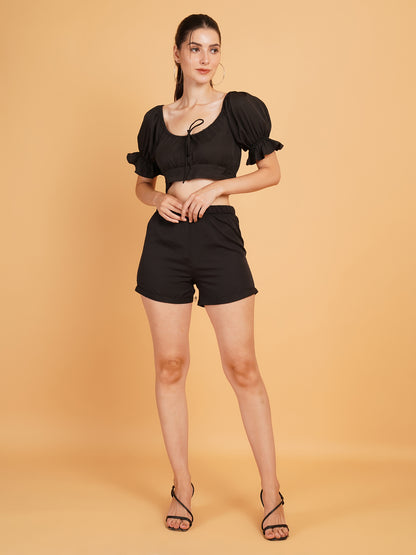 Women Black Solid Puff Sleeves Co-Ords