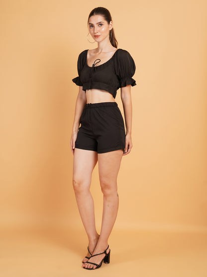 Women Black Solid Puff Sleeves Co-Ords