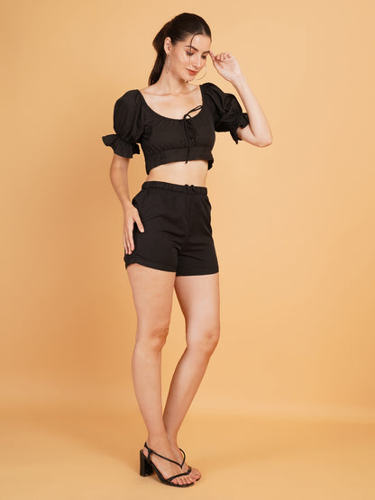 Women Black Solid Puff Sleeves Co-Ords