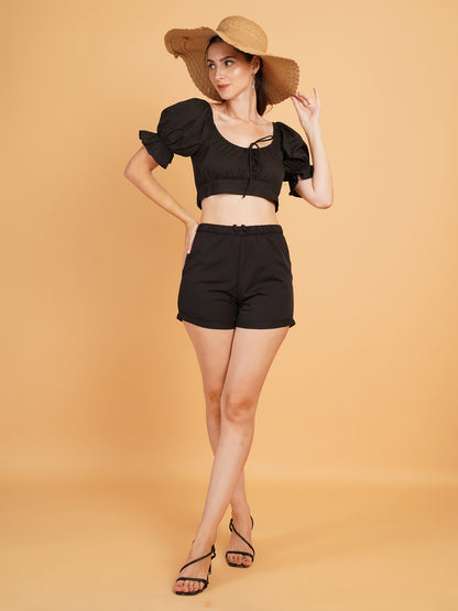 Women Black Solid Puff Sleeves Co-Ords