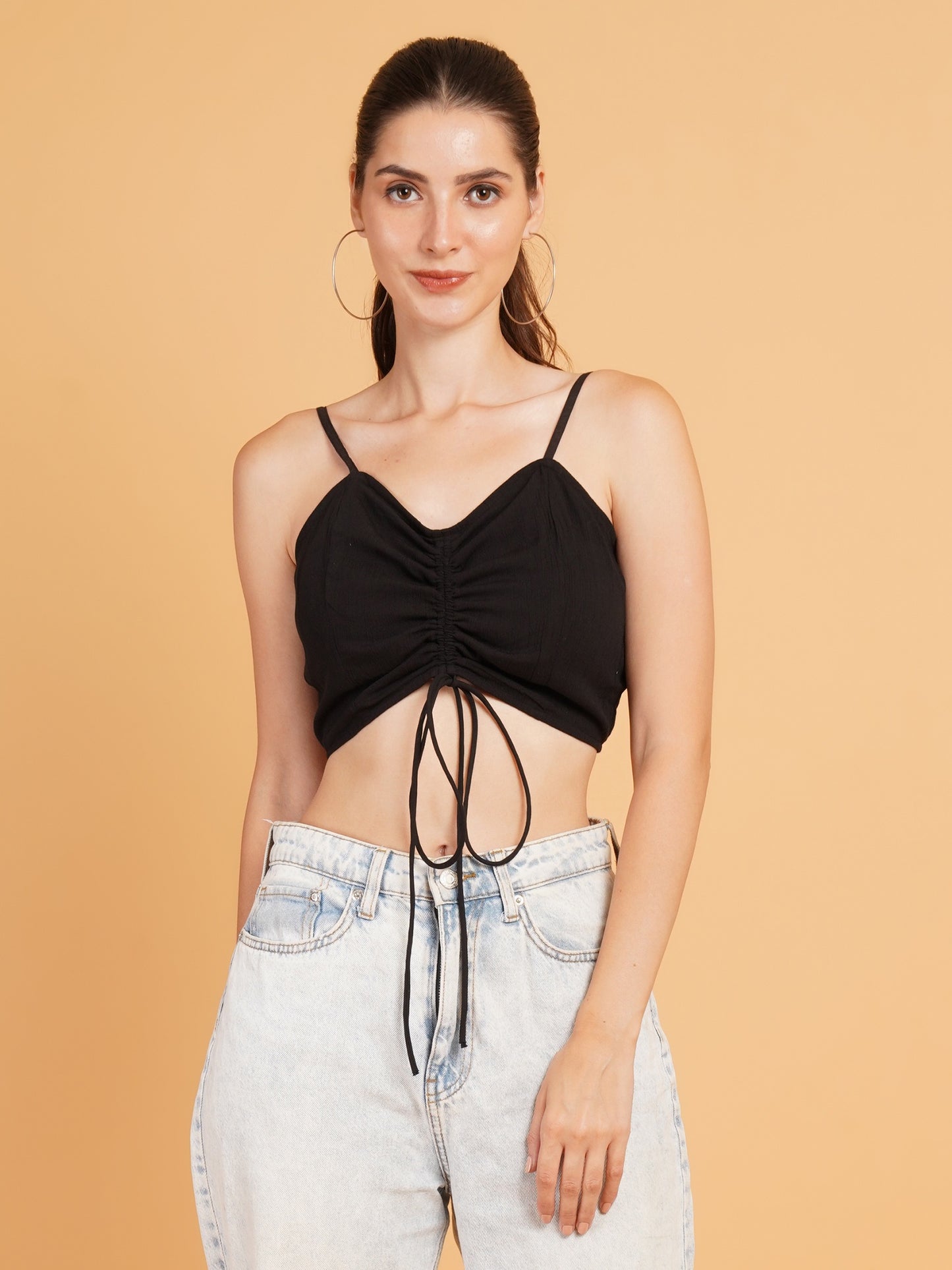 Women Black Solid Drawstring Shoulder Strap Smocked Crop Top