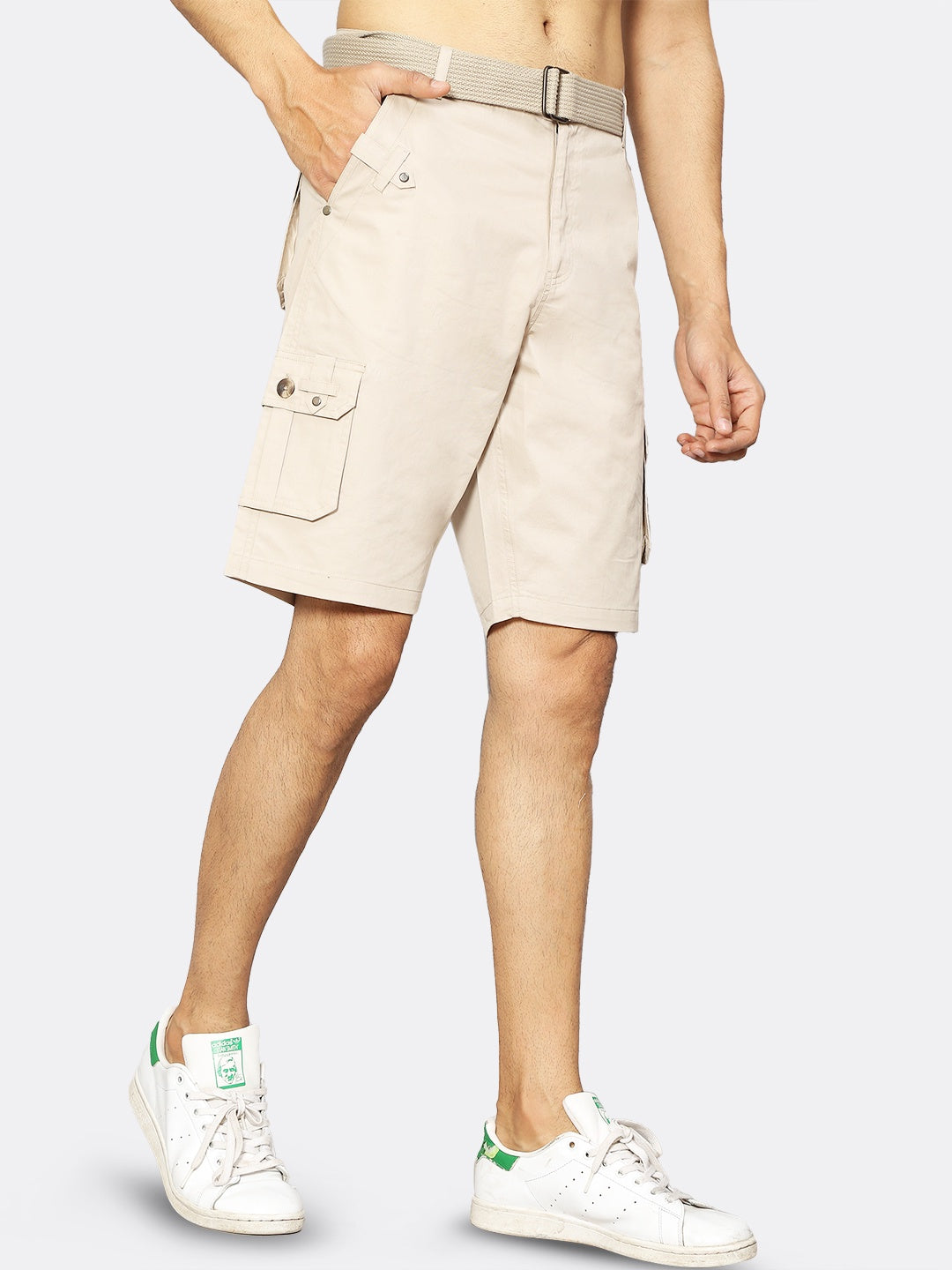 9 Impression Men Beige Solid Regular Fit Organic Cotton Cargo Shorts With Belt