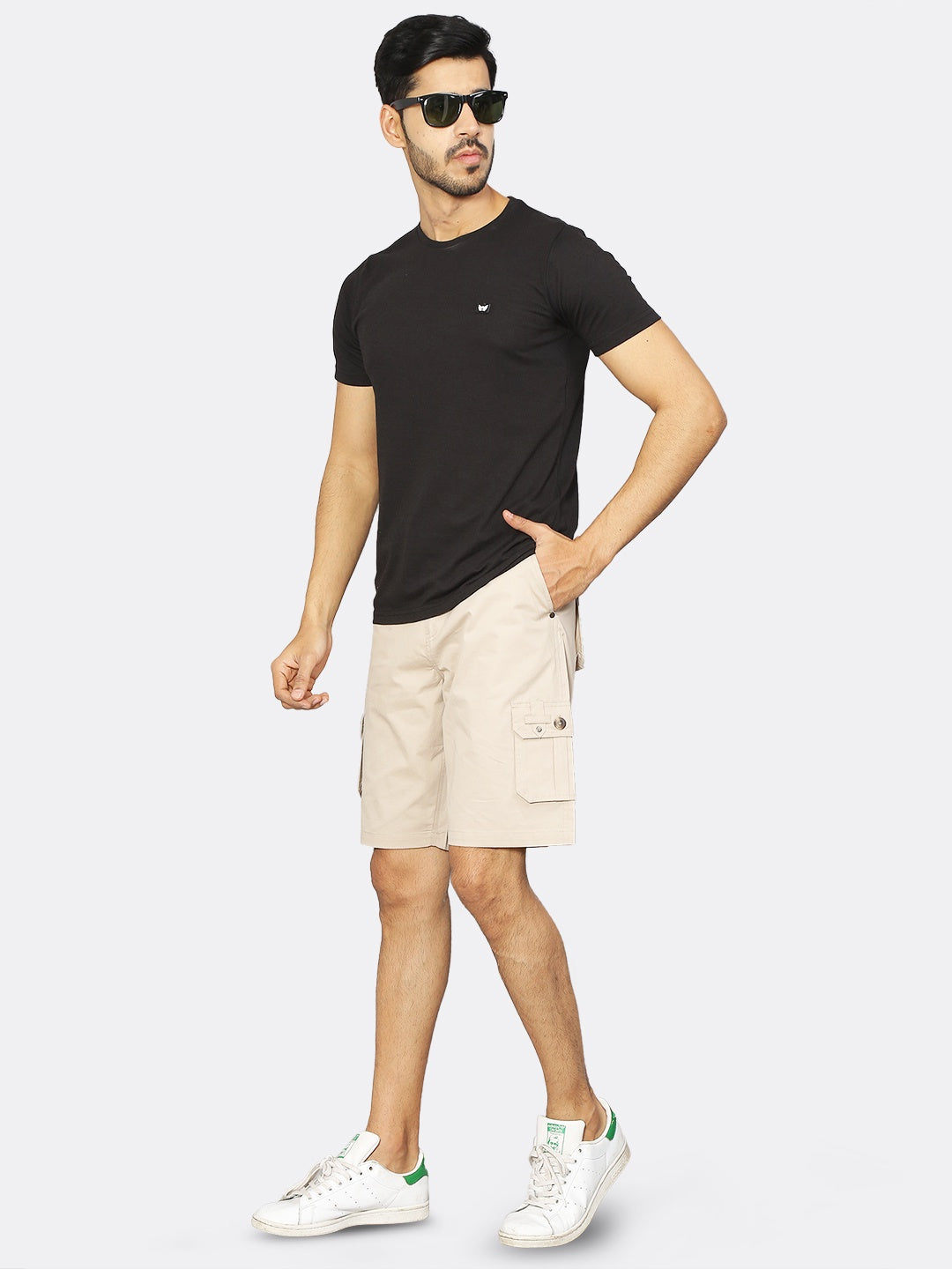 9 Impression Men Beige Solid Regular Fit Organic Cotton Cargo Shorts With Belt