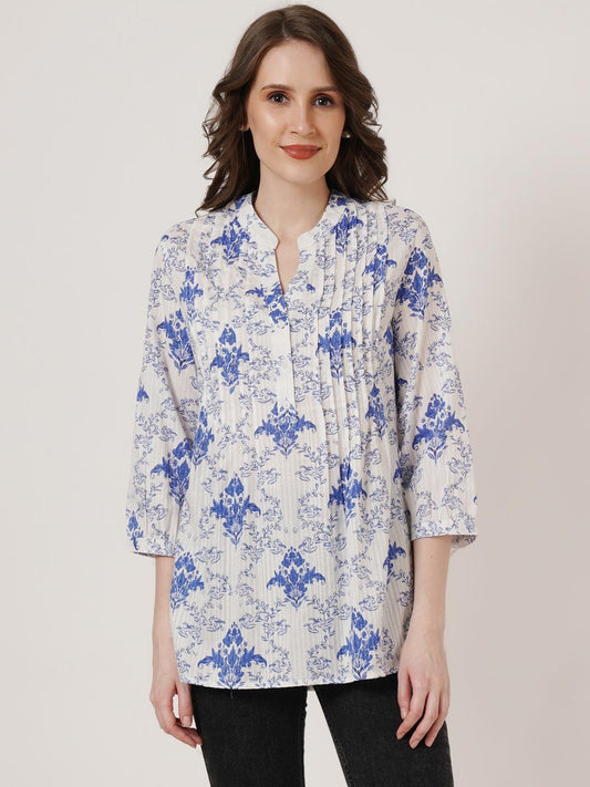 Women White & Blue Floral Print Mandarin Collar Pleated Kurti