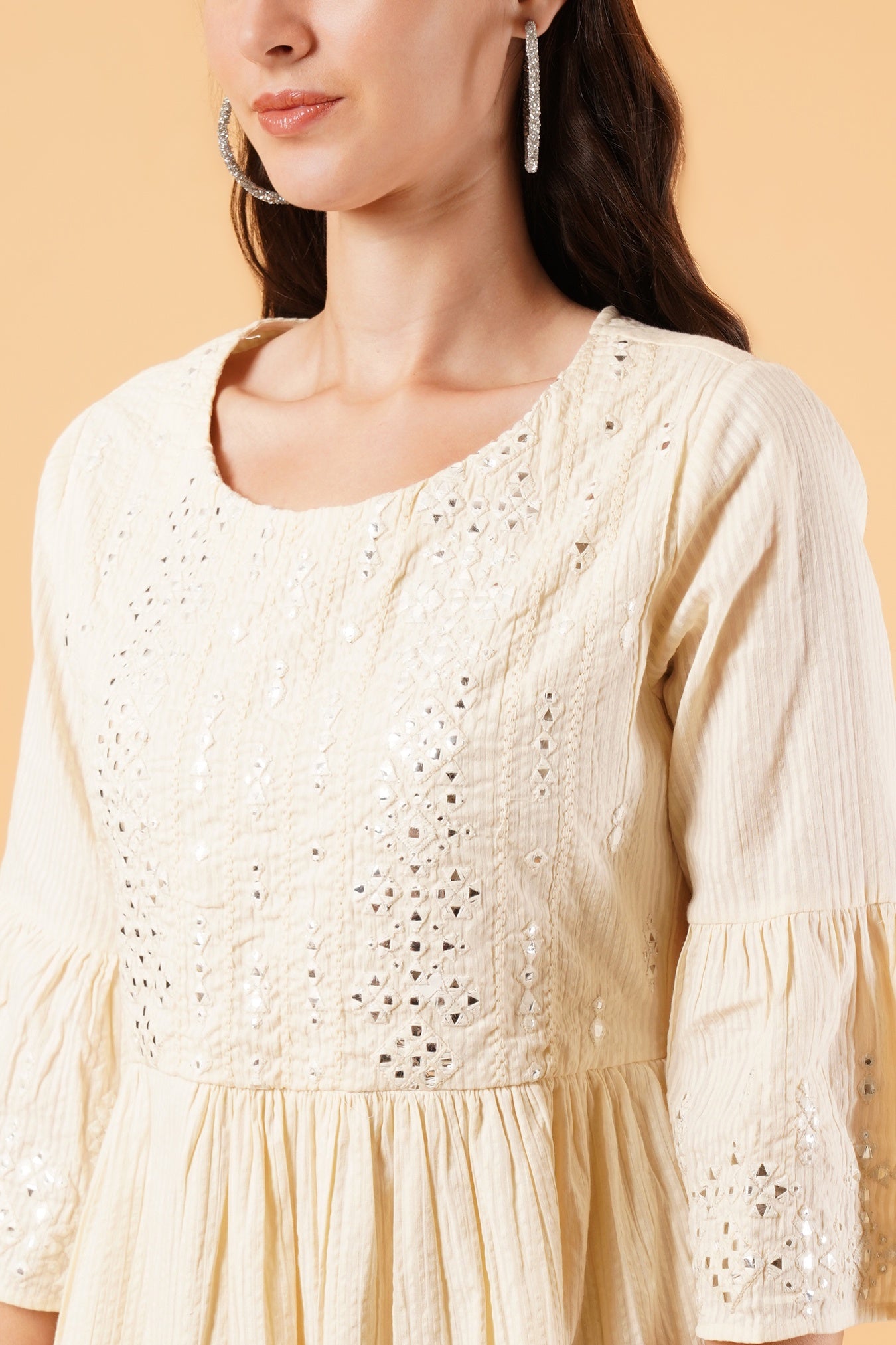 Women Off White Embroidered Frill Sleeves A-Line Dress