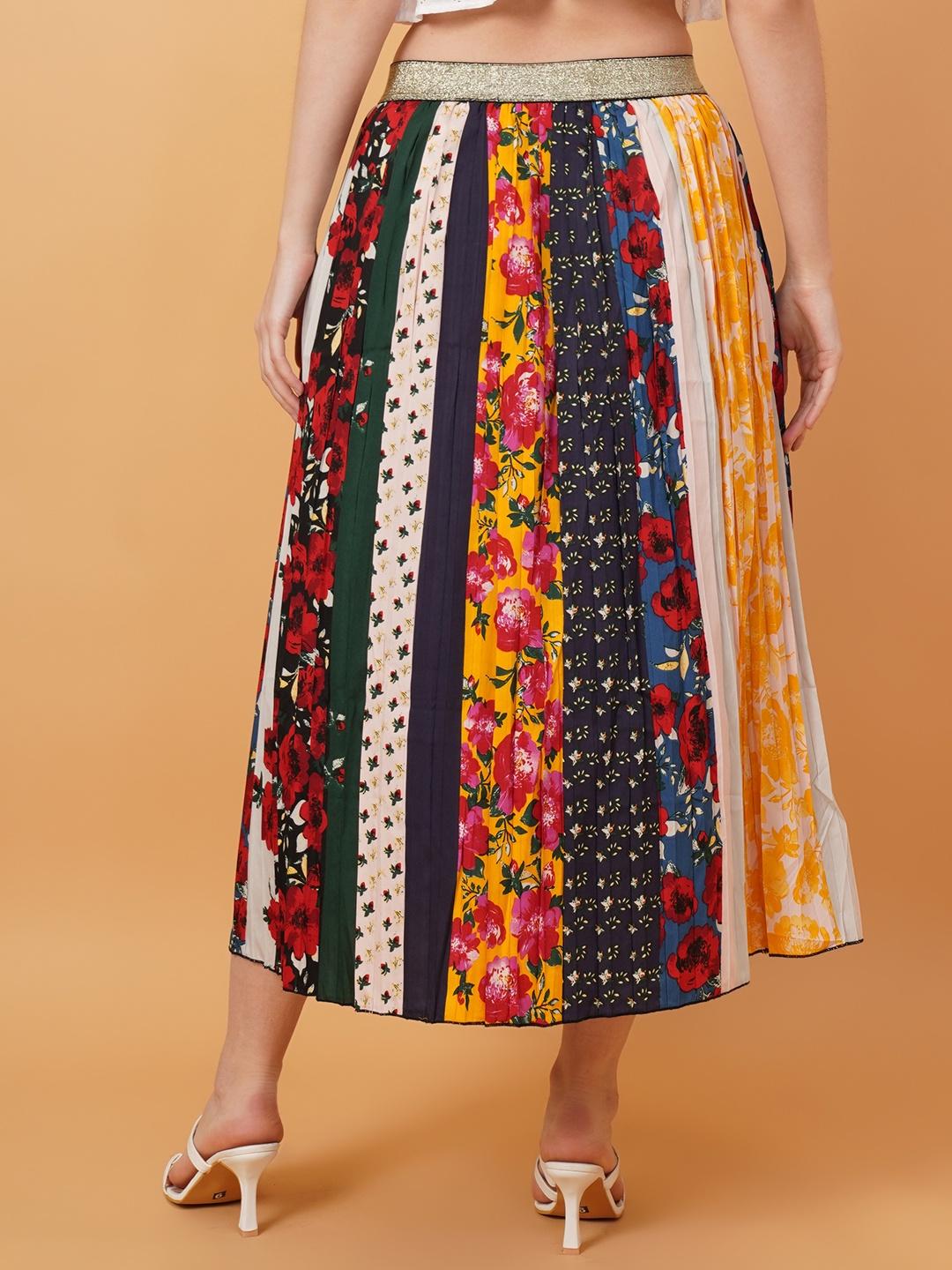 Women Red & Yellow Floral Print Pleated Midi Skirt