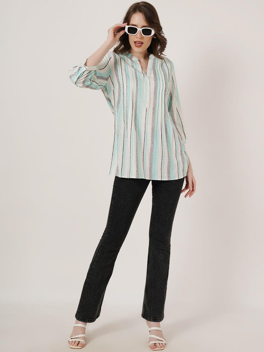 Women White & Grey Striped Mandarin Collar Pleated Kurti