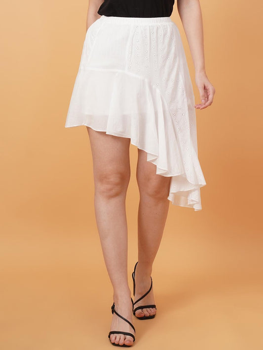 Women White Schiffli Mini Skirt