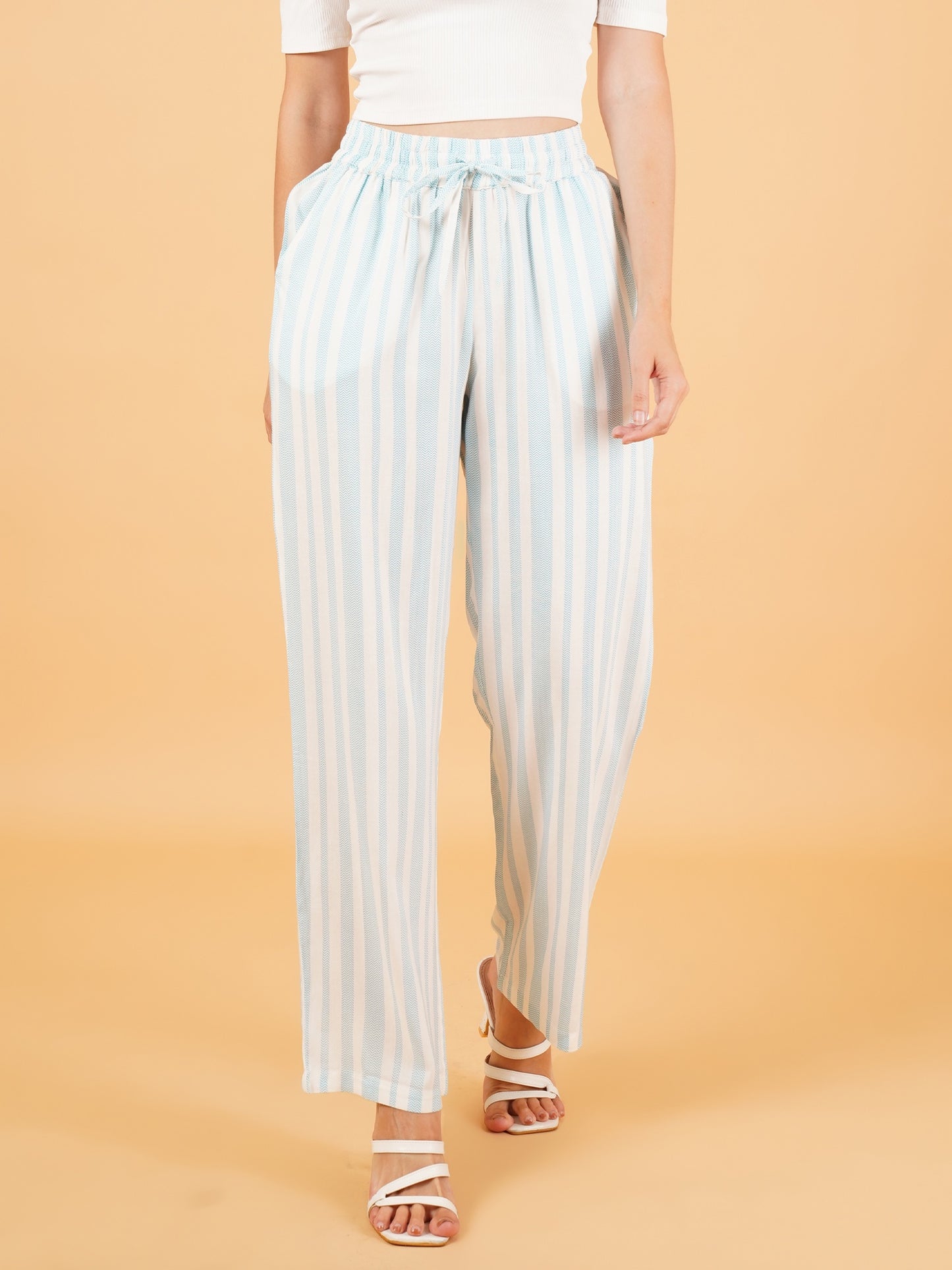 Women Sky Blue & White Stripe Regular Fit Pyjama