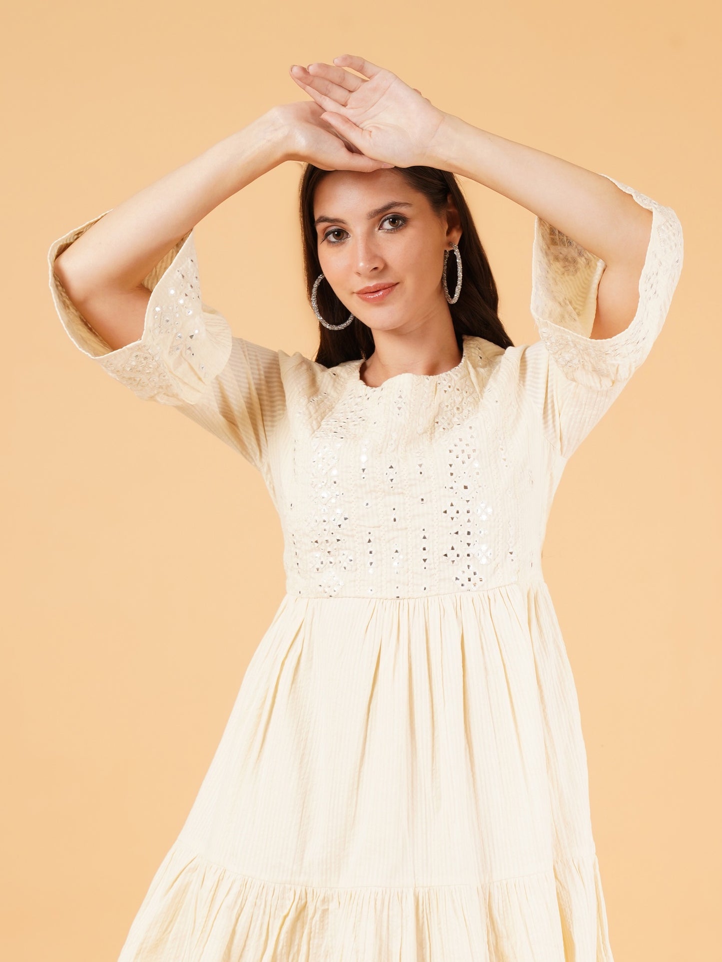 Women Off White Embroidered Frill Sleeves A-Line Dress