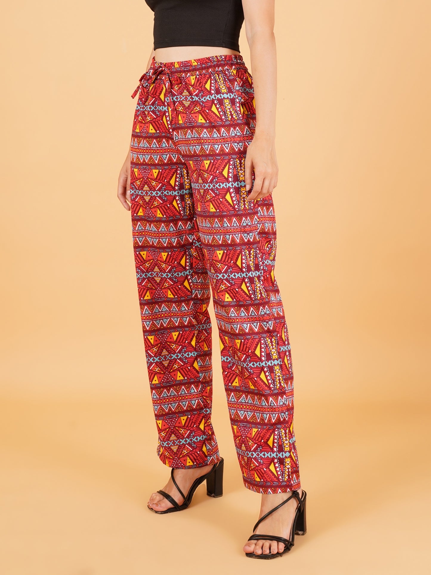 Women Maroon & Yellow Geometric Print Regular Fit Pyjama