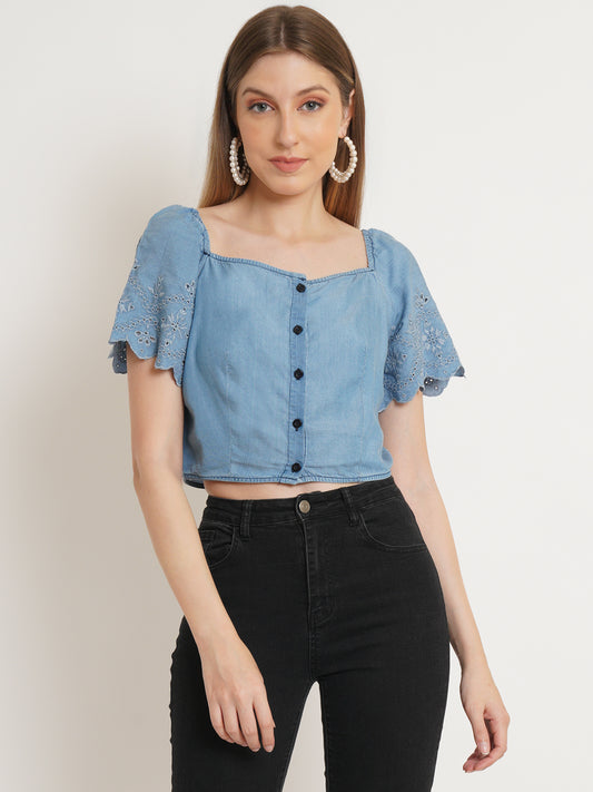 Women Blue Denim Crop Top